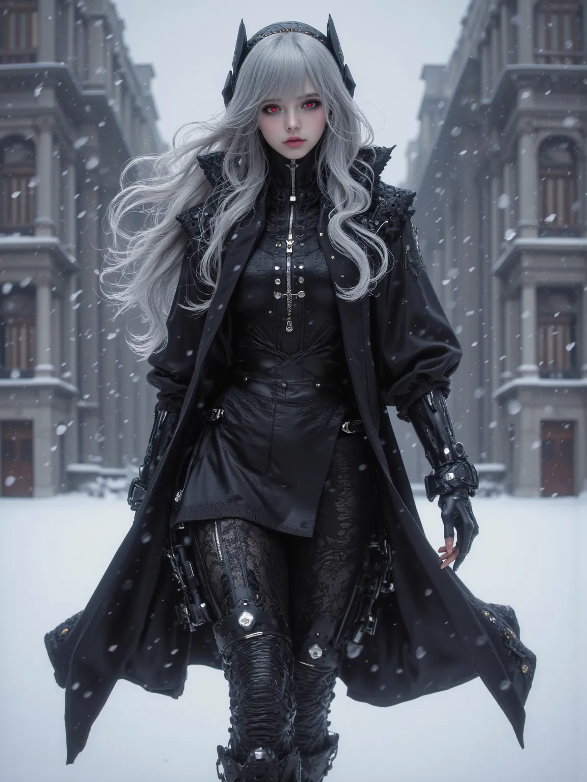 a stunning solitude，with eye-catching silver long hair，Charming red eyes ，wearing a sophisticated black suit，with elegant accessories，The backdrop is a grand mansion。The snow scene creates a serene atmosphere，She walks elegantly，The black outfit contrasts ...