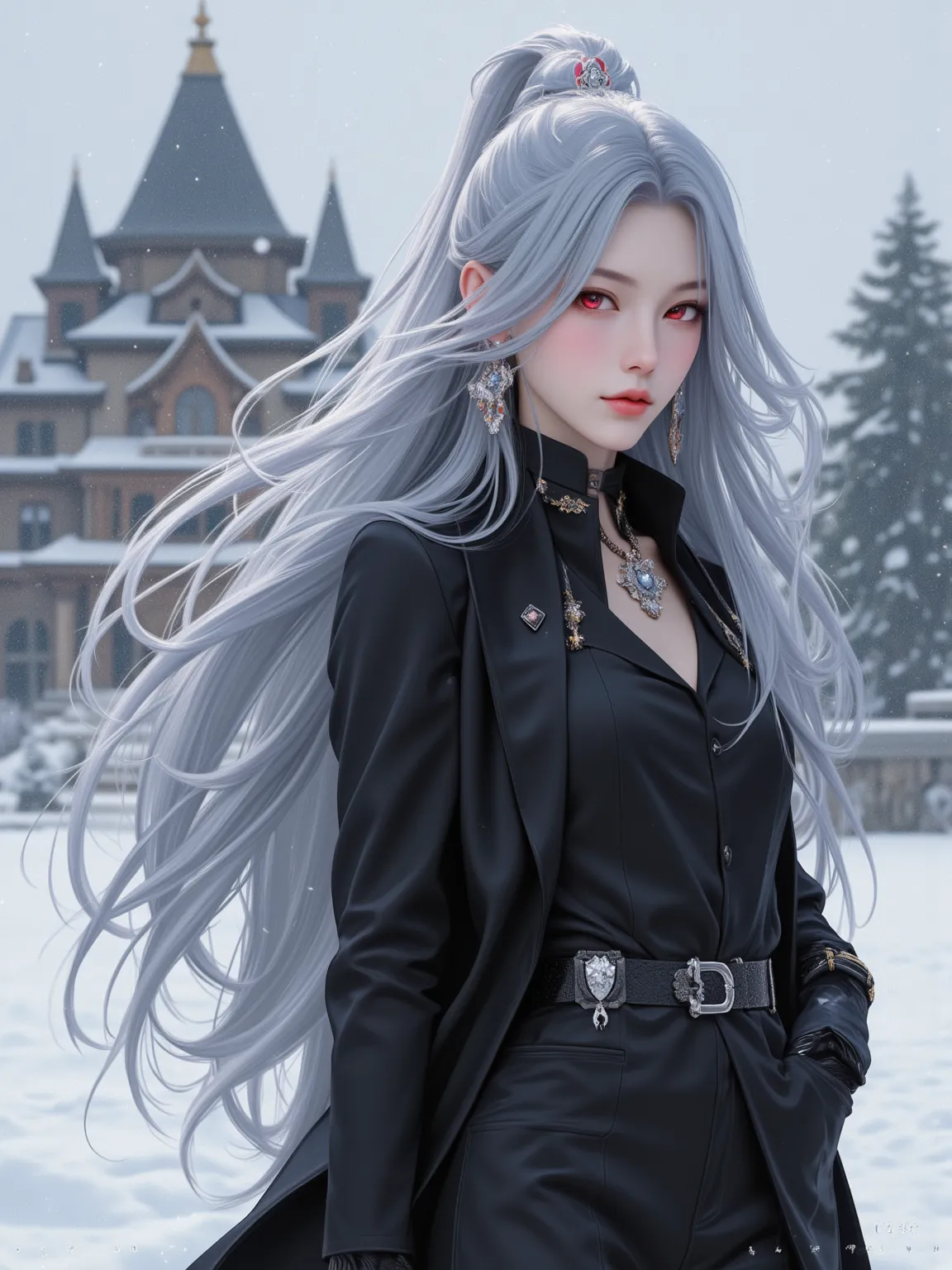 a stunning solitude，with eye-catching silver long hair，Charming red eyes ，wearing a sophisticated black suit，with elegant accessories，The backdrop is a grand mansion。The snow scene creates a serene atmosphere，She walks elegantly，The black outfit contrasts ...