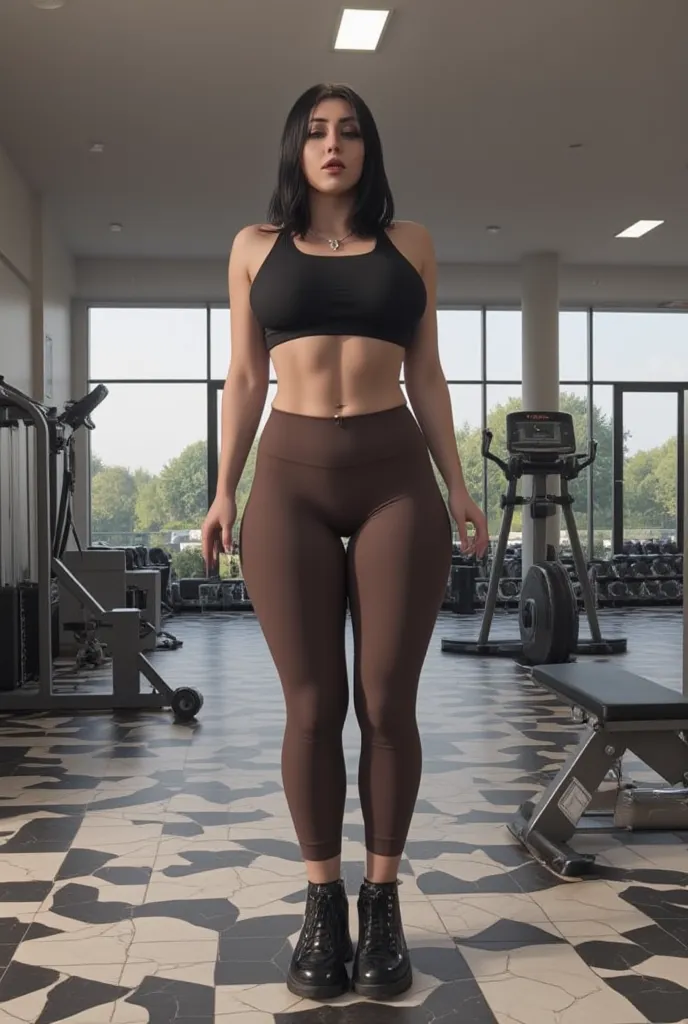 full body shot. a beautiful young goth woman wearing a pair of peed brown gym leggings stands in an upscale gym. Wetting self. Skinny fit toned body. Shot from the front. Bright lighting. There is lots of natural light. Bright room. Eyeliner. Long Straight...