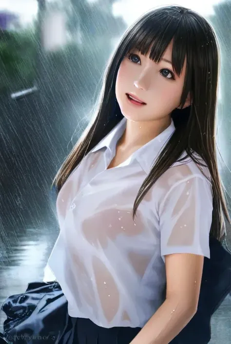 Photorealistic.realistic,HD, schoolgirl in uniform,VERY BEAUTIFUL GIRL,Running in the rain, long straight hair,My shirt is wet and my underwear is see-through, Low Perspective