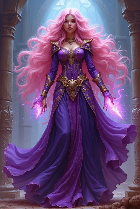 Oil painting, Baldurs gate 2, female, RPG, magic, colorful character, mage, light pink hair, dress, purple theme, enormous hair