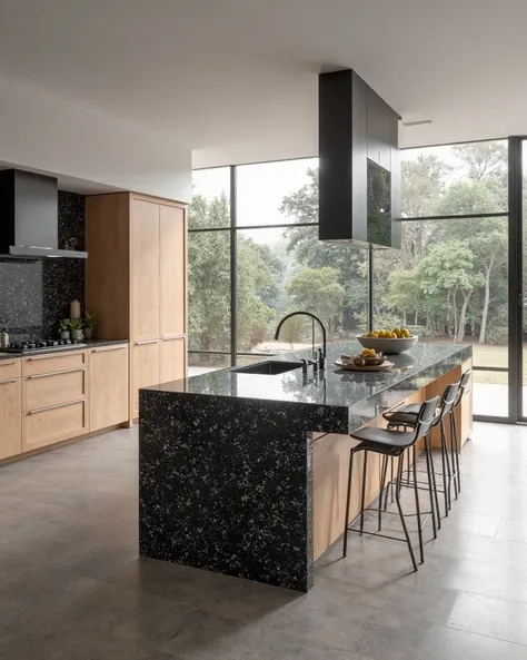 A wide view of a modern kitchen with countertop and Pitaya Granite island, integrated into an open and minimalist space. The pattern of scattered black specks stands out in contrast with light wood furniture and matte black details. Natural white light flo...