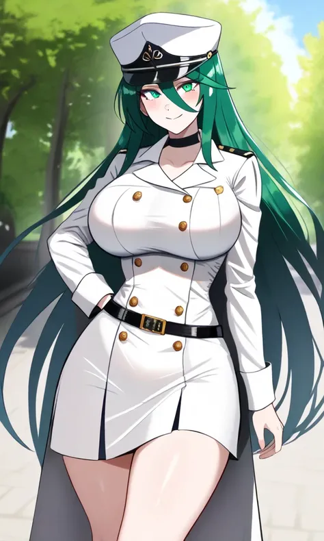  masterpiece, TOP QUALITY, high resolutiOn,  ridiculous, 1 girl, esdeinh, green_eye, green_hair,  very_lOng_hair, hair_ bitweens_eye, big_chest, military_uniform, black_Choker, peaked_ cap, white_hat, short_ dress, white_ dress, black_belt, lOng_ sleeve, t...