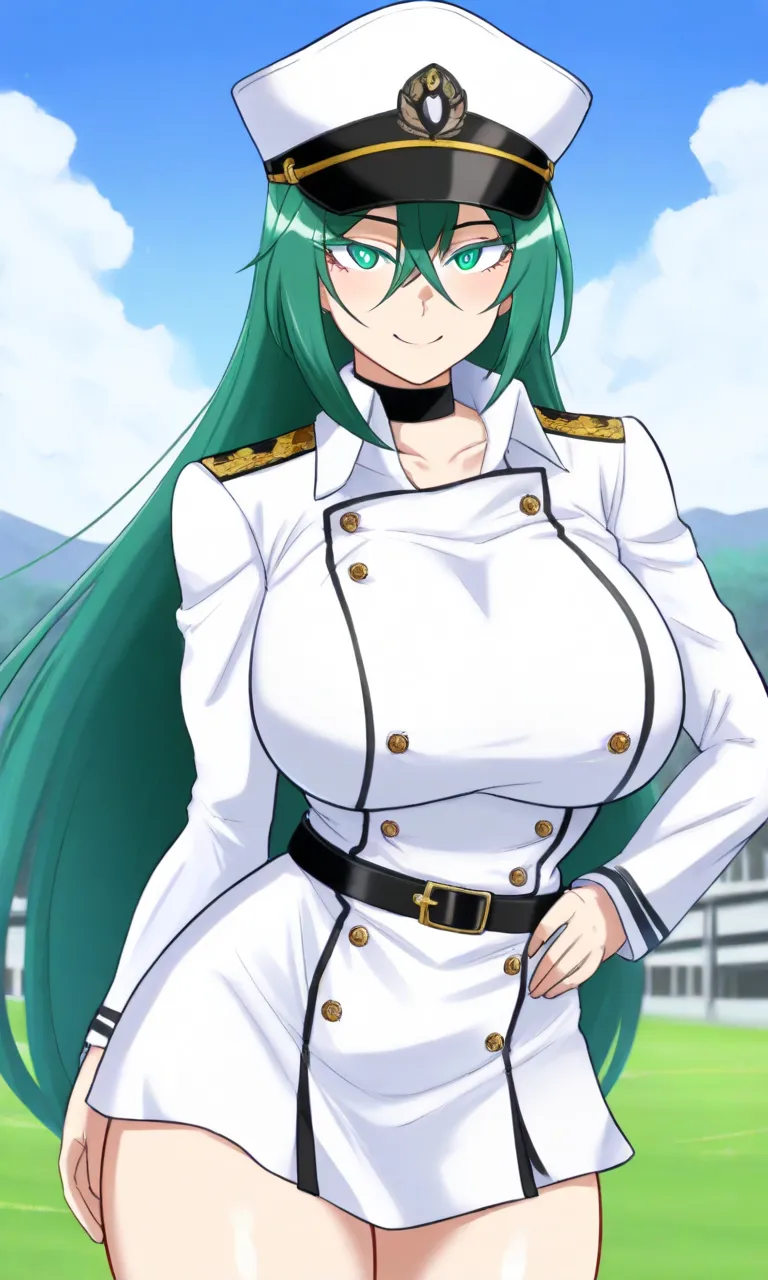  masterpiece, TOP QUALITY, high resolutiOn,  ridiculous, 1 girl, esdeinh, green_eye, green_hair,  very_lOng_hair, hair_ bitweens_eye, big_chest, military_uniform, black_Choker, peaked_ cap, white_hat, short_ dress, white_ dress, black_belt, lOng_ sleeve, t...