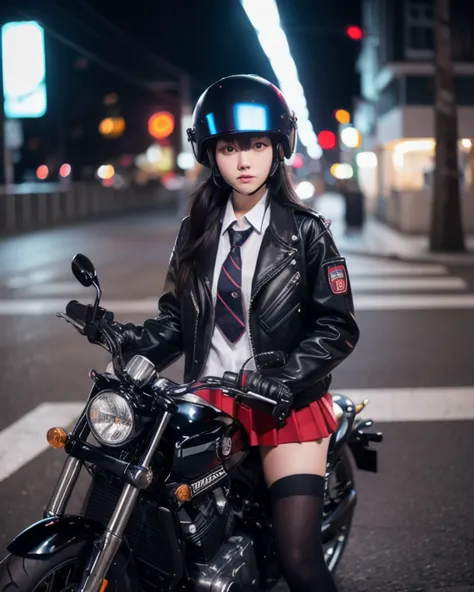 masterpiece, best quality, 1girl, solo, jacket, hand in pocket, school uniform, serafuku, thighhighs, school bag, black hair, black eyes, cyberpunk, street, machinery, motor vehicle, motorcycle, panorama, helmet, speed line, motion blur, depth of field, pe...