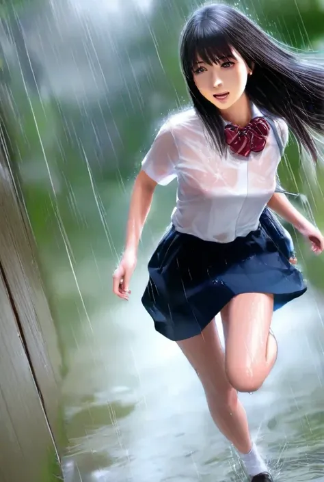 Photorealistic.realistic,HD, schoolgirl in uniform,VERY BEAUTIFUL GIRL,Running in the rain, long straight hair,My shirt is wet and my underwear is see-through, Low Perspective