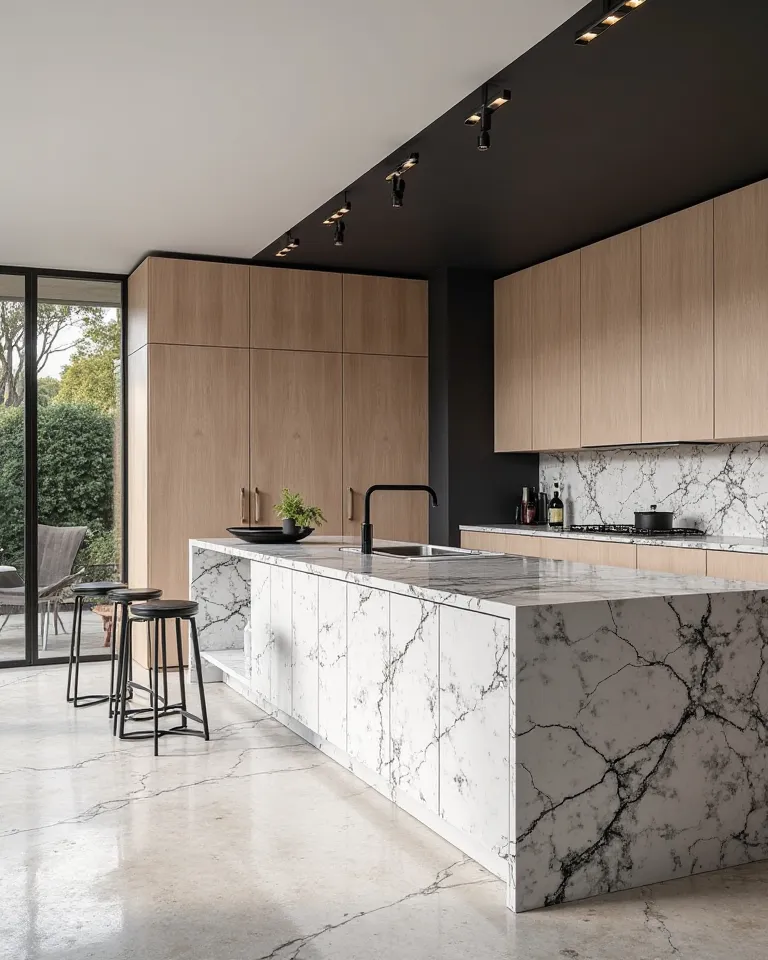 A contemporary kitchen that combines Pitaya granite countertop and island with light wood furniture and matte black details. design. The pattern of black specks and white background creates an elegant and harmonious contrast with the other elements. Natura...