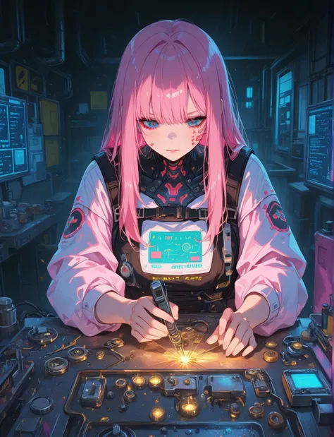  Cyberpunk pastel art ,1girl, futuristic workshop, pink hair, long hair, face mark, intense focus, soldering iron,carefully,repaired item on her workshop, industrial part, 