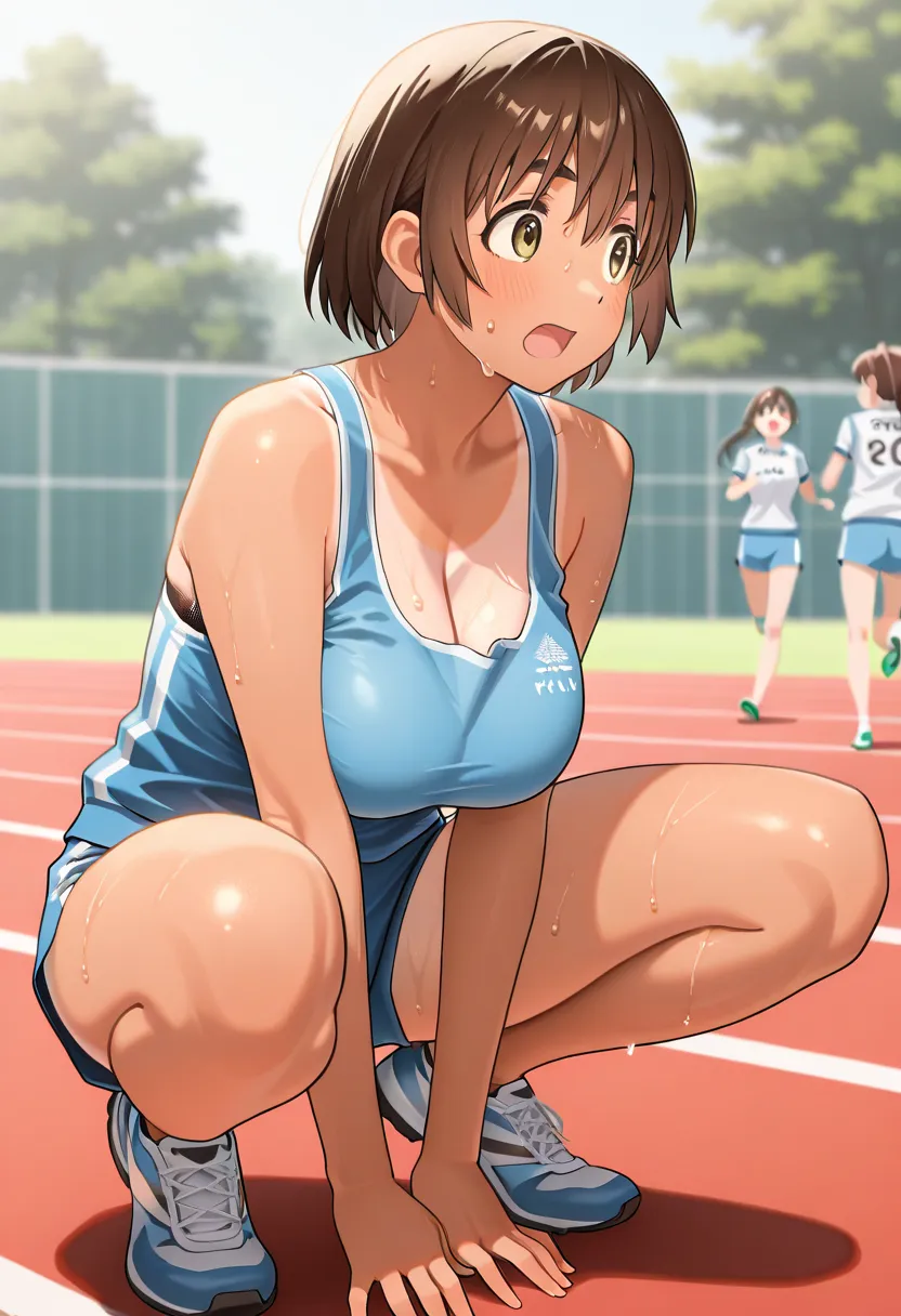  masterpiece, TOP QUALITY, 32K, high resolution,  ridiculous, ayase fuuka、Big Breasts、tank top track and field uniform、 Technical player、、3 girls、sweat、Outdoors.tanline. side view、Running、 crouching、 middle-aged man.greping play、lift play、Bra、