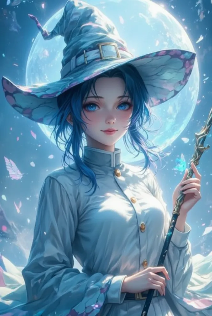 masterpiece, highest quality,1 girl, witch, ((witch's hat)), Magical girl,blue clothes, blue long hair, shining blue eyes, white skin, slender, magic wand, smile, High Fantasy,dreamy digital painting, magical colors and atmosphere,soft light, fantasy art,m...