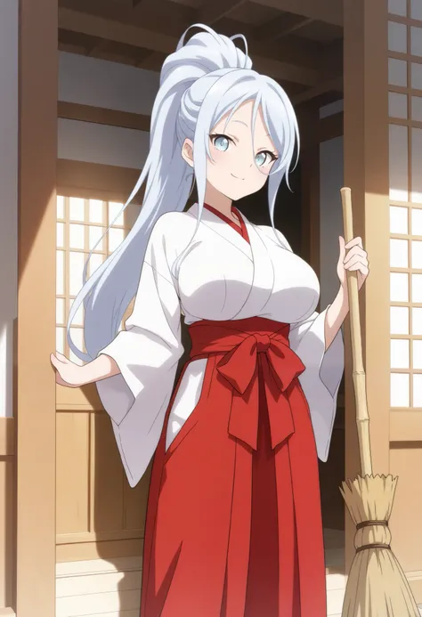 sylpha_langlis, 1girl,solo,, long hair, light blue eyes, large breasts, ponytail,looking at viewer, cowboy shot,bedroom, (masterpiece),(best quality),(ultra-detailed),(best illustration),(best shadow),(absurdres),(detailed background),in miko clothes clean...