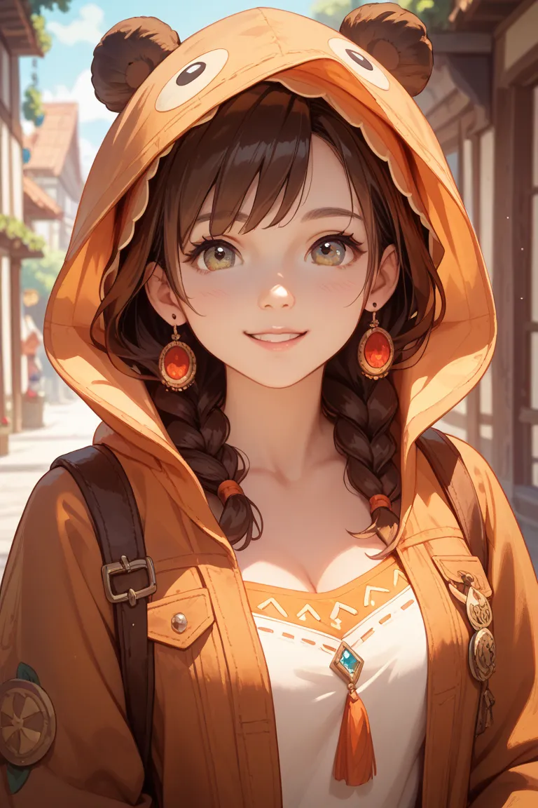 hood friend,woman,hairstyle bob, brown hair,18 years old,My chest is small,fantasy game villagers,Simple clothing,I don't wear anything on my head, sagitales,cute,Reliable person,Front-Facing Composition,poor,