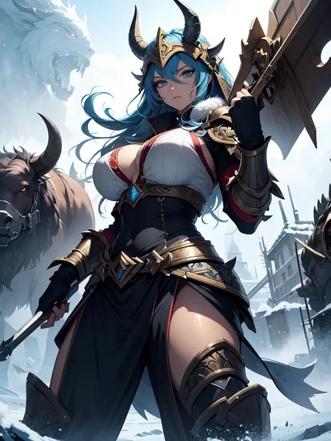 Sejuani from League of Legends, standing powerfully beside her massive armored war boar, Bristle. She wears the intricate and battle-hardened armor of the Guardian from Black Desert, featuring heavy plate armor with ornate engravings, fur linings, and a Vi...