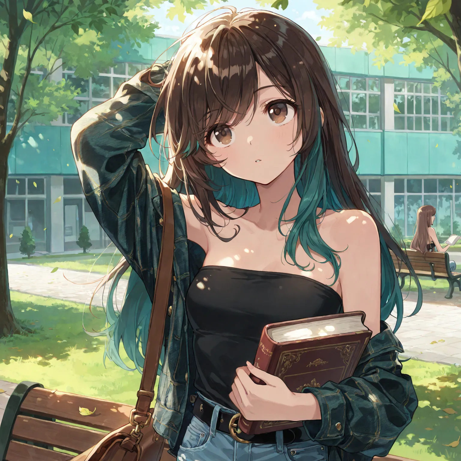  (Masterpiece, best quality), intricate details, solo, JK, looking to the side, book, hand behind head, looking up, walking, brown hair with teal highlights, very long hair,brown eyes, small breasts, thin, black strapless shirt, open flannel jacket, jeans,...