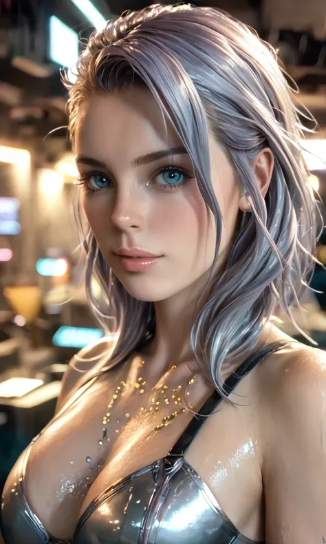 A girl with metallic hair, metallic skin, and a metallic spirit, (best quality,4k,8k,highres,masterpiece:1.2),ultra-detailed,(realistic,photorealistic,photo-realistic:1.37),1girl,detailed metal skin,internal metal,metallic hair,metal drops on skin,sci-fi,d...