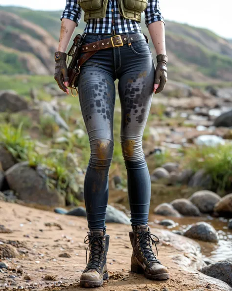 A sexy slim woman, wearing (a pair of very dusted, dirty and washed-out skintight dark black jeans:1.2), (army vest on ultra long color checkered shirt:1.2),  hiking boots, gloves. small belt, (front view), Perfect body, (very dirty pants:1.2). (standing u...