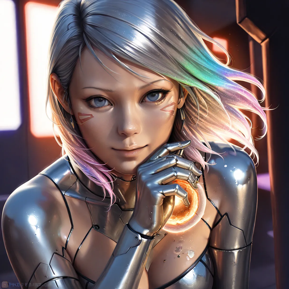 A girl with metallic hair, metallic skin, and a metallic spirit, (best quality,4k,8k,highres,masterpiece:1.2),ultra-detailed,(realistic,photorealistic,photo-realistic:1.37),1girl,detailed metal skin,internal metal,metallic hair,metal drops on skin,sci-fi,d...