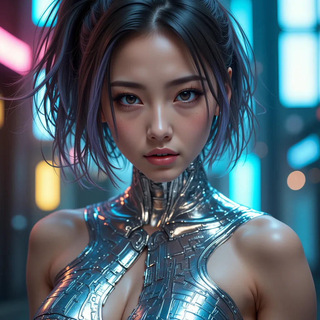 A girl with metallic hair, metallic skin, and a metallic spirit, (best quality,4k,8k,highres,masterpiece:1.2),ultra-detailed,(realistic,photorealistic,photo-realistic:1.37),1girl,detailed metal skin,internal metal,metallic hair,metal drops on skin,sci-fi,d...