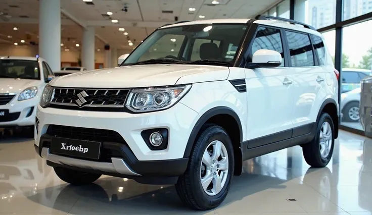 A photo of a side view of a polished Shiny White Colour 2025 Maruti Suzuki XL7 parked inside a showroom. The lighting in the showroom is bright, casting reflections on the shiny showroom floor. The 2025 Maruti Suzuki XL7 has distinctive round headlights an...