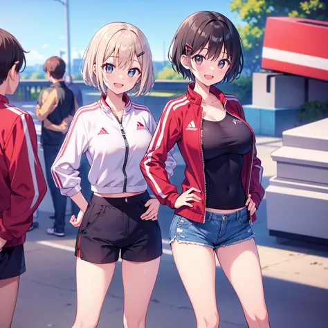  masterpiece, TOP QUALITY, high resolution, His funeral,  short hair, hair clips,  big breasts,   track jacket, red jacket, black shirt,  blue shorts , place your hands on your hips, smile,  open your mouth, outdoor