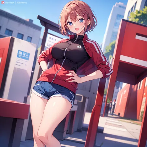  masterpiece, TOP QUALITY, high resolution, His funeral,  short hair, hair clips,  big breasts,   track jacket, red jacket, black shirt,  blue shorts , place your hands on your hips, smile,  open your mouth, outdoor