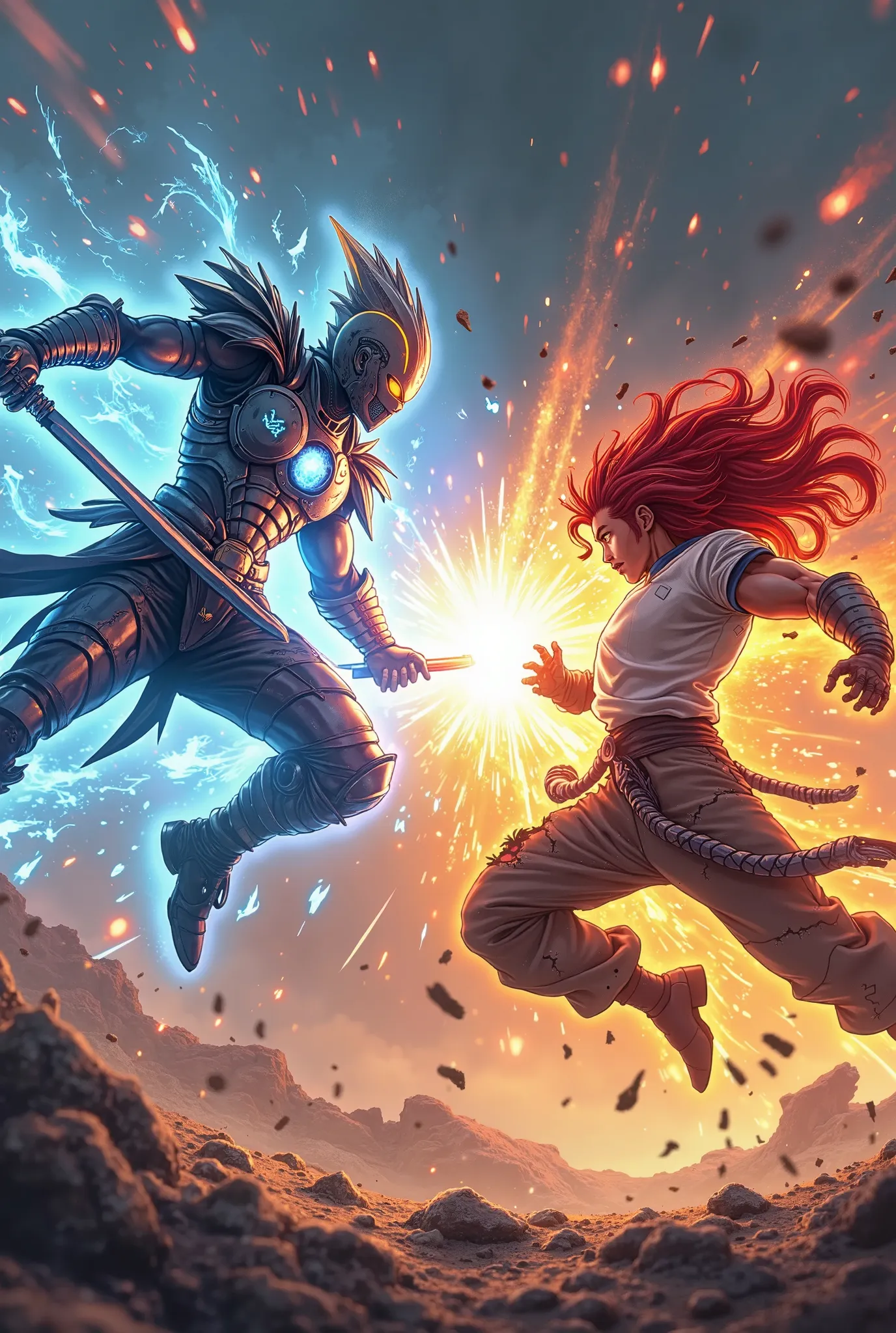 A dynamic anime-style battle scene featuring two powerful heroes in an intense fight. One hero is a futuristic warrior with glowing energy swords, wearing sleek, high-tech armor with neon blue highlights. The other hero is a fierce martial artist with flow...