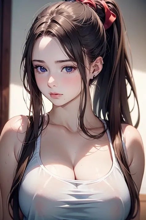 a beautiful girl with very long dark hair in a high ponytail woven with ribbons, wearing a white wet tank top, intricate detailed portrait, ultra-realistic, photorealistic,8k, best quality, masterpiece, extremely detailed, hyper realistic, cinematic lighti...