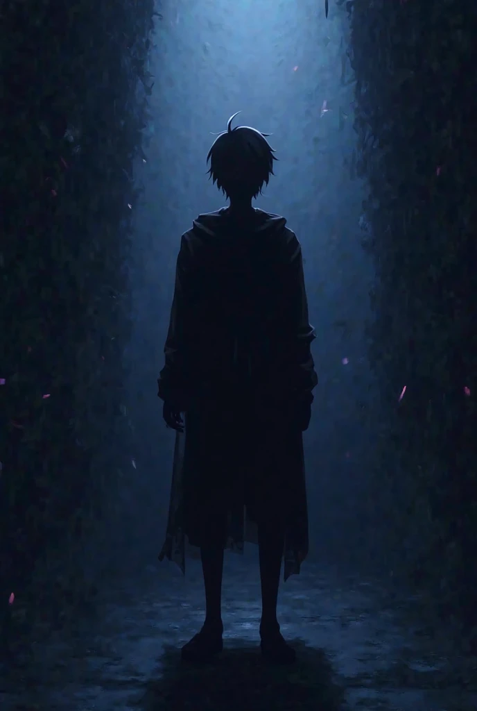 A silhouette of a person standing in the shadows, with dark, glowing edges and a mysterious atmosphere. The figure should be sharp and sleek, with shadows surrounding them. The should be integrated into the design, . The overall color palette should consis...