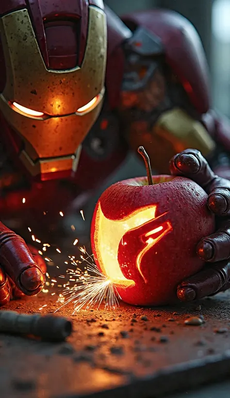 Iron Man using his suit’s laser to carve an apple into a sleek, futuristic sculpture with glowing elements. Sparks are flying as he works with precision. The sculpture has a mechanical or robotic look.