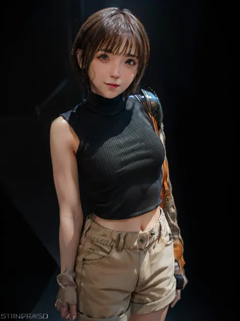 (masterpiece, best quality:1.4), (future days), (standing:1.5), (full body), (from front), (1girl), solo, (european youth:1), 1girl, short hair, headband navel, sleeveless, turtleneck, brown eyes, sleeveless turtleneck, solo, breasts, looking at viewer, se...