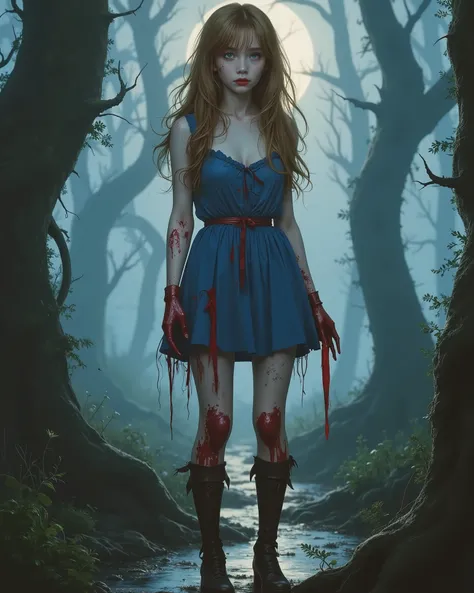 A cinematic reality-style full-body illustration of a young woman standing in a terrifying midnight forest. Her long, golden hair is disheveled, tangled, and matted with dried mud and blood. A frayed red ribbon, once pristine, now clings weakly to her head...