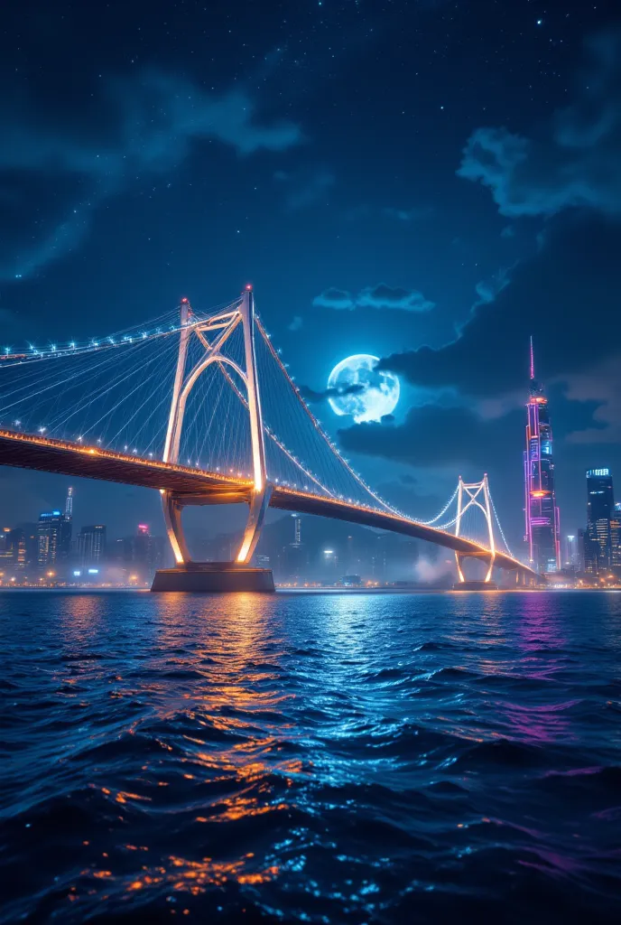 A mesmerizing view of the Yokohama Bay Bridge at night, bathed in a stunning glow of deep blue and golden lights. The massive suspension bridge spans elegantly across the shimmering bay, with its reflection dancing on the gentle waves below. Mist rises sub...