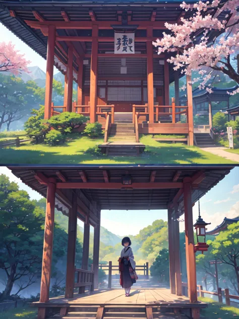 Shrine Maiden Girl、 upper body、Beautiful shrine scenery,  cherry blossoms, Loose, anime   Background Art  , Japanese painting style,  Beautiful animated scene , Detailed landscape inspired by - width 672,   Background Art  , anime scenery,  anime backgroun...