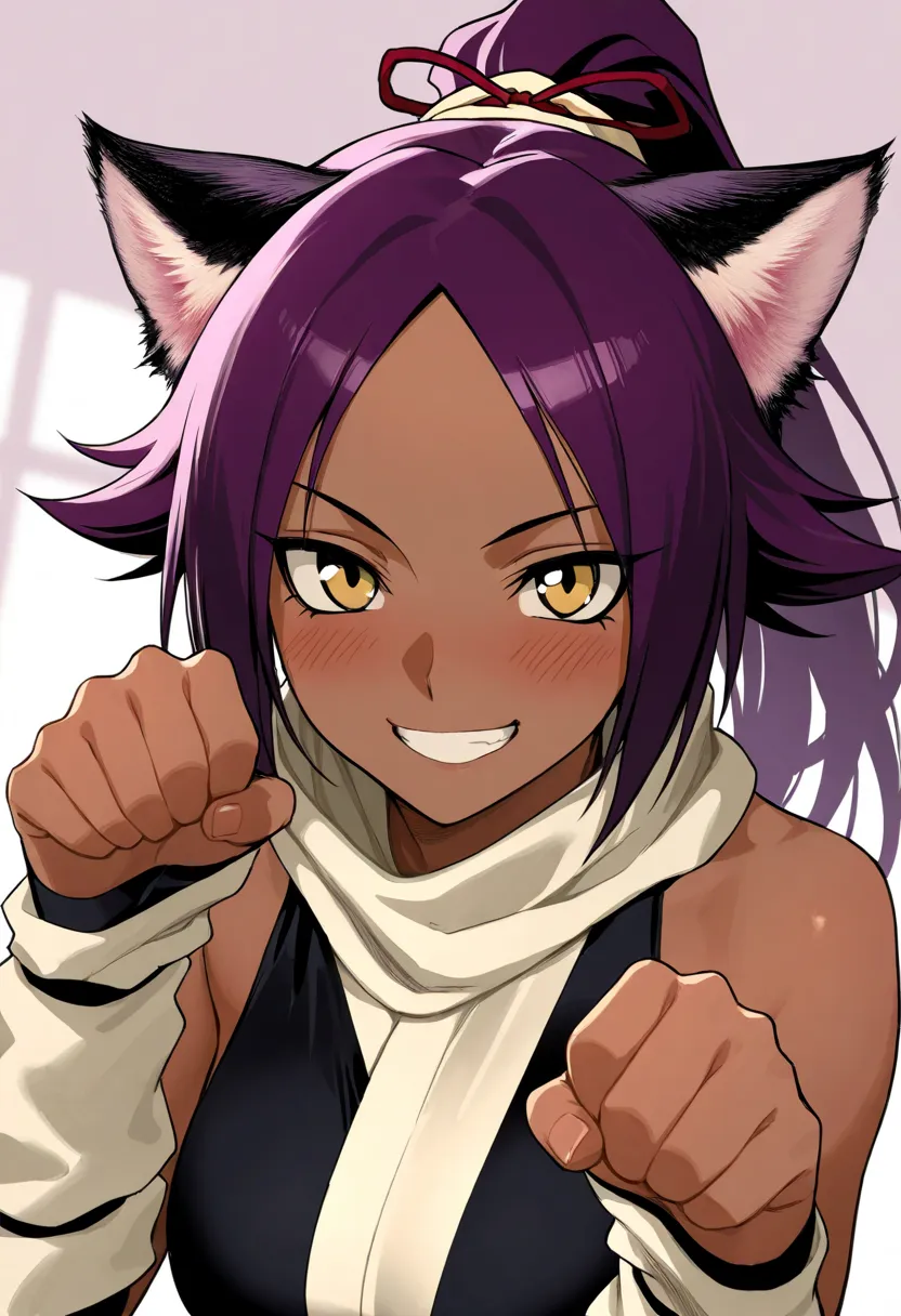 (Best quality, 8K, masterpiece), Best illustration, 1 girl, shihouin yoruichi, grin, cat ears, paw pose, blush,