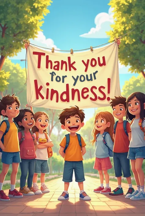 [Illustration of a happy Lucas standing in front of a large decorated banner that reads "Thank you for your kindness!!"  surrounded by her friends , everyone is cheerful and smiling!. The background shows a sunny day and the beautiful schoolyard,  Radiant ...