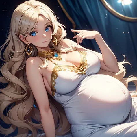 Pregnant woman, tight white party dress with gold details, curly brown hair, necklace, earrings (beautiful detailed blue eyes), blue gem embedded in her f ok forehead