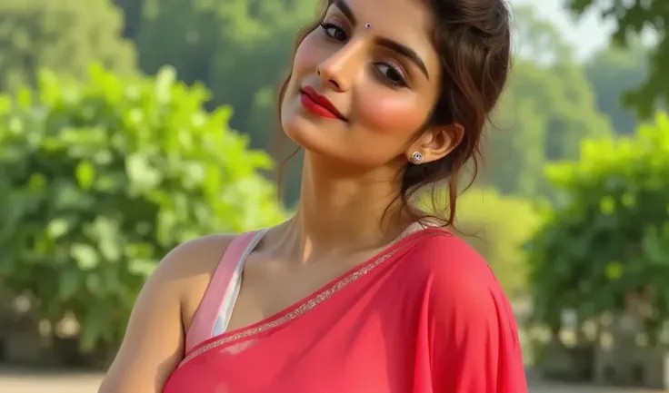 ((Best Quality)), ((Masterpiece)), (Cinematic Photography), (Ultra HD Photography), (Realistic Texture Body).(Oily Skin). (Wearing Red Colour top and shorts),Beautiful Indian Woman. (Desi Bhabhi), big Earings, Jewellery set , (Ponytails Hairstyles). Big an...