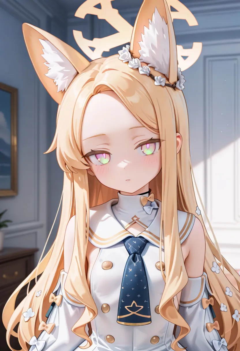 1girl, (blue archive:1.1), 
seia, 
animal ears, solo, blonde hair, halo, long hair, looking at viewer, fox ears, animal ear fluff, dress, necktie, white dress, forehead, closed mouth, hair ornament, yellow halo, upper body, hair flower, yellow eyes, blue n...