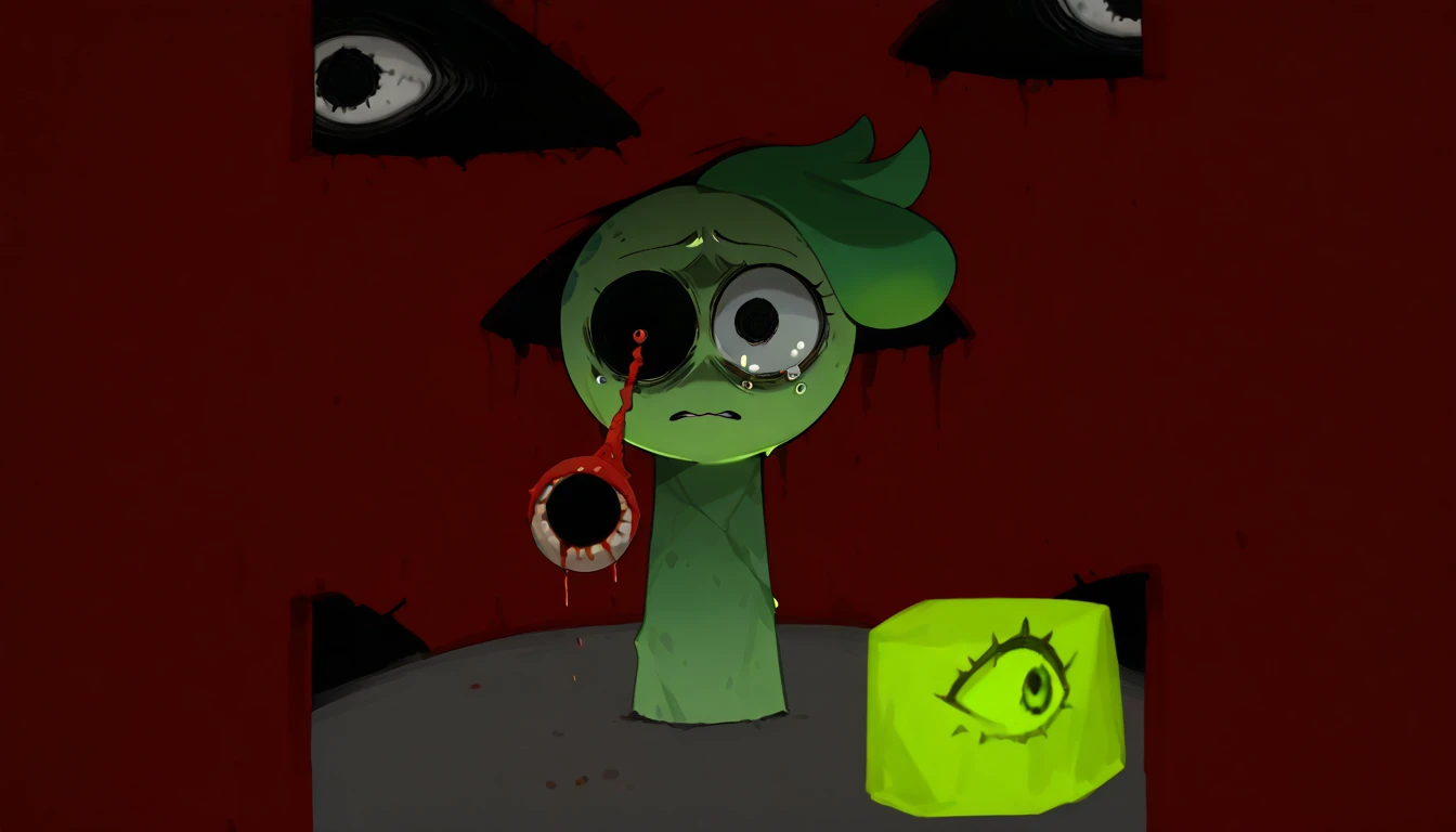 Creature hurt in the eye, with no limbs in its body, has an eye hanging, is very scared, against a terrifying and disturbing background,  His skin is green  