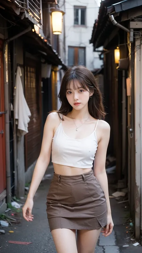 (8k RAW photo,Live Shooting,  top quality, masterpiece:1.37), Extreme light and shadow,  full body shot , Detailed clavicle,  thin due to small things necklace,  earrings,(( 1 girl),(alone), 3d,( camera )), Perfect anatomy,break(( brown hair ),( Brown Brow...