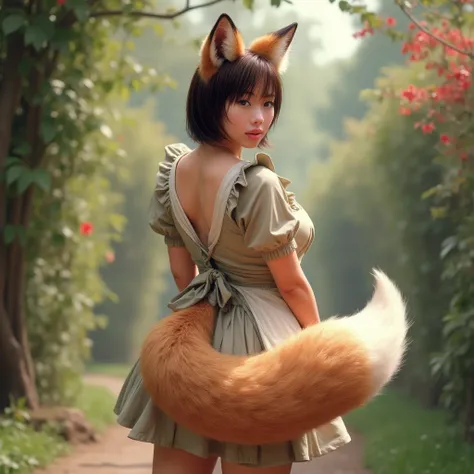 (( top quality , 8k)), ((Girl with straight brown hair)), (( Photorealistic)), ( masterpiece), Perfect Face , ((Woman with fox ears )), ((That woman has a fox tail )), foxgirl, (Her tail is big  ), ( That beautiful woman is shy), She's a college student  ,...