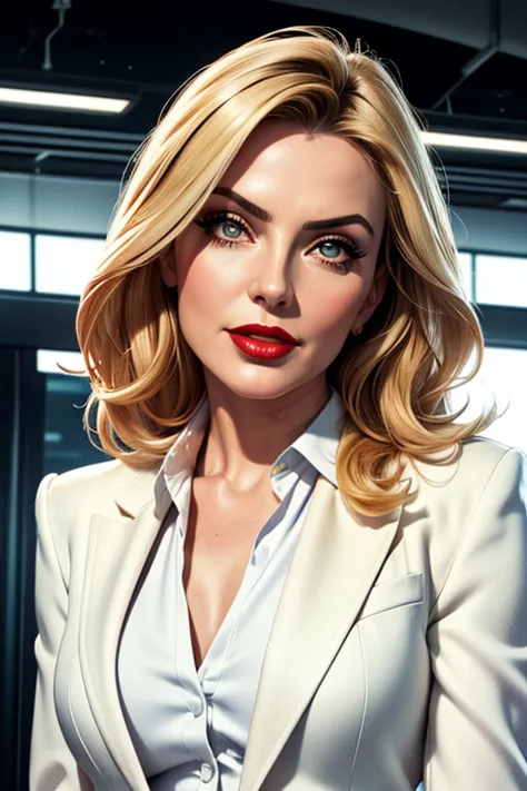 A beautiful female whose facial features are a combo of Kim Cattrall + Kylie Minogue + Debbie Harry. The female's hair is untied and hangs loose. The female wears a white suit jacket over a yellow silk business dress and black high heels. The female has lo...