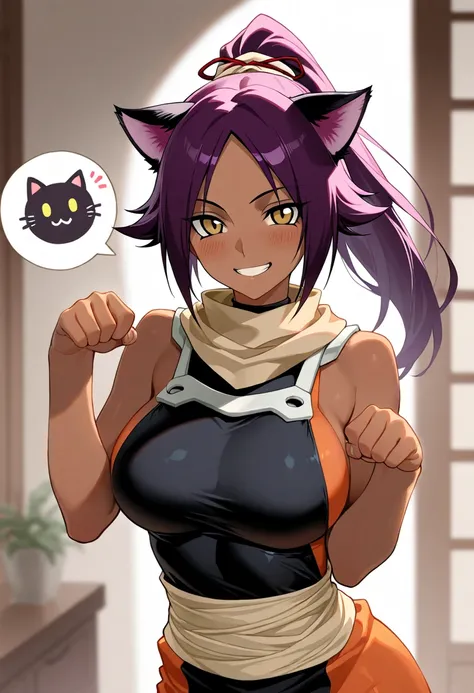 (Best quality, 8K, masterpiece), Best illustration, 1 girl, shihouin yoruichi, grin, cat ears, paw pose, blush, spoken cat,