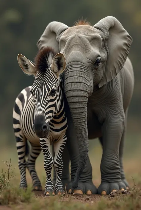 A sad elephant puppy, He stays with his friend the most realistic zebra