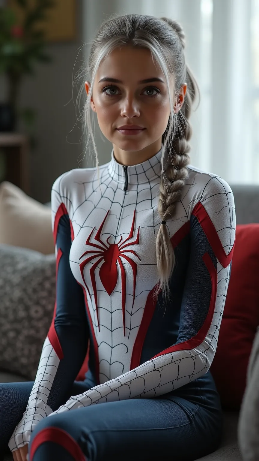 (CG Unity 8K wallpaper with extreme details, Masterpiece, highest quality), (Exquisite lighting and shadows, very dramatic image, cinematic lens effect), a girl in a white Spider-man costume,   silver gray hair color , from the Spider-man parallel universe...