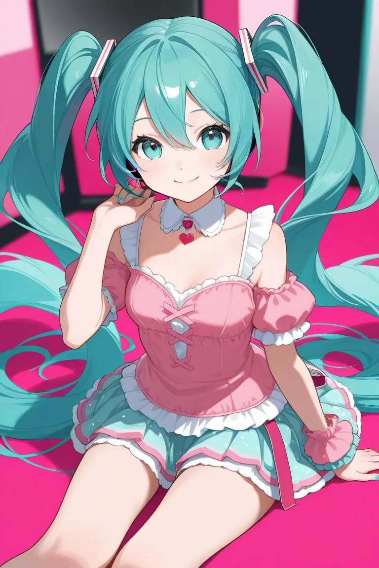  1 girl, vocaloid , Hatsune Miku,turquoise long twin tails,miniskirt, landmine fashion,cute, beautiful girl,smile