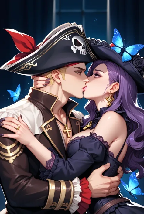 Vampire witch anime girl with pirate hat. Sexy black short dress. Black and purple lace-up high-heeled boots. very long white and purple hair. big purple eyes, pink lips, black and long fingernails. Faint face , sad and taciturn look. Black roses, skull, C...