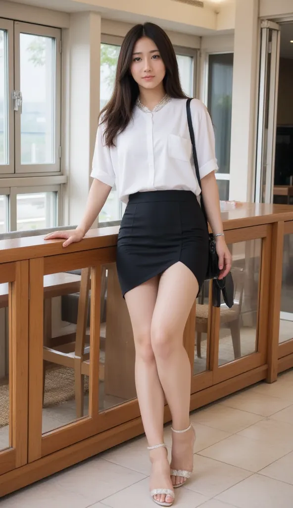   1 girl,   Sexy White High Heels ,  mini  pencil skirt ,     jewelry, smile, bag,  length hair ,  alone,  brown hair on both arms,  Black footwear,  necklace, Cafe, White fitted t-shirt,  Exposed Shoulders , earrings, For the viewers ,  is standing,   ful...