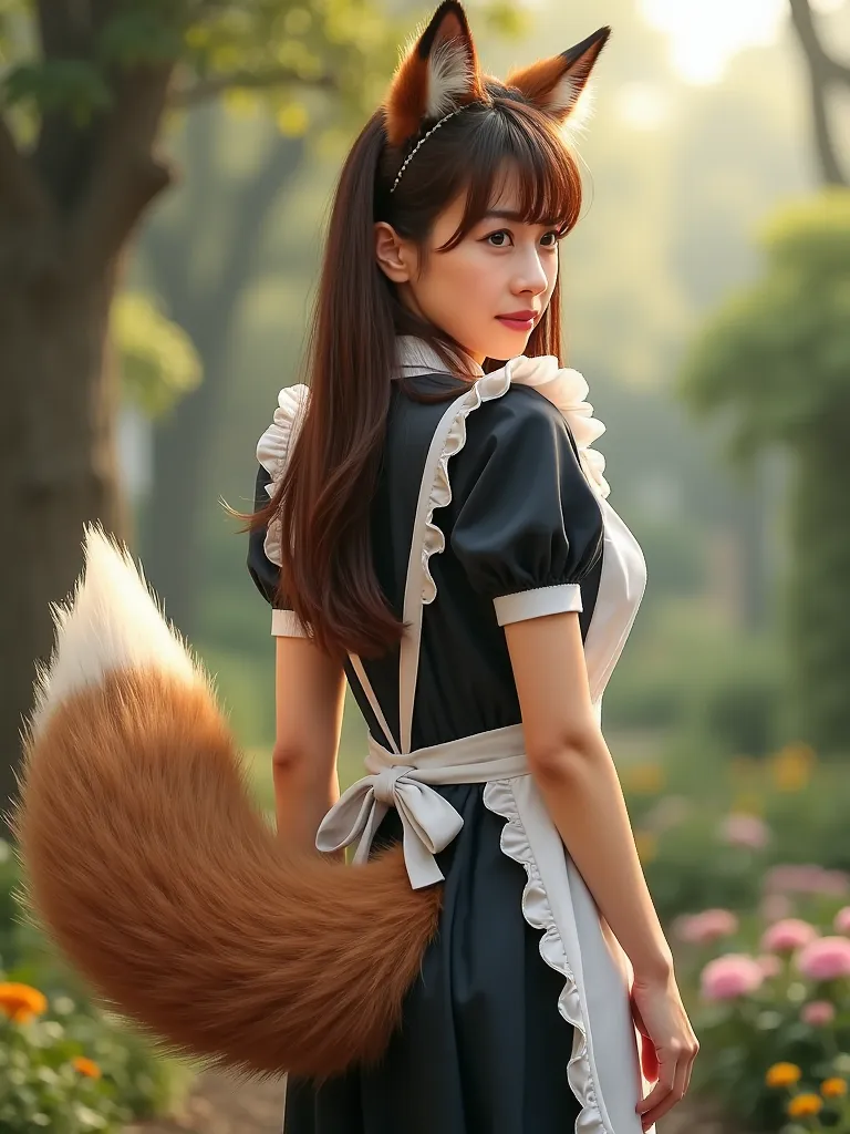 (( top quality , 8k)), ((Girl with straight brown hair)), (( Photorealistic)), ( masterpiece), Perfect Face , ((Woman with fox ears )), ((That woman has a fox tail )), foxgirl, (Her tail is big  ), ( That beautiful woman is shy), She's a college student  ,...