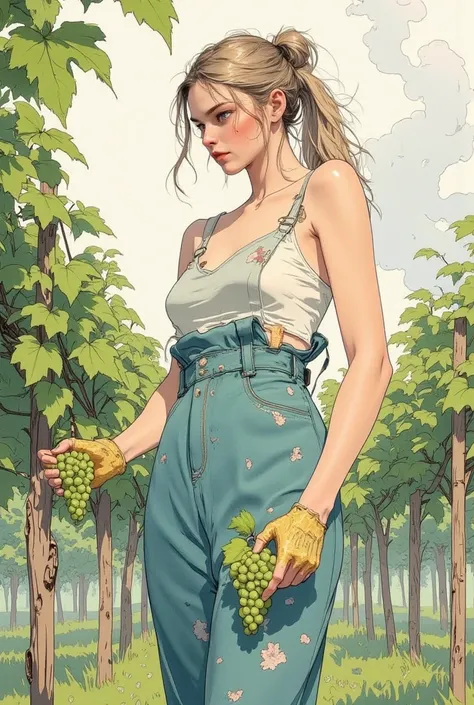 Concept art in watercolor and colorful line art. Dark beige and turquoise. Perfect line work. Beautiful farmer drawing in a vineyard. Sexy camisole, full body, picking grapes. Props, Pose, light grey smoke swirling around her as she picks fruits. Hair tied...